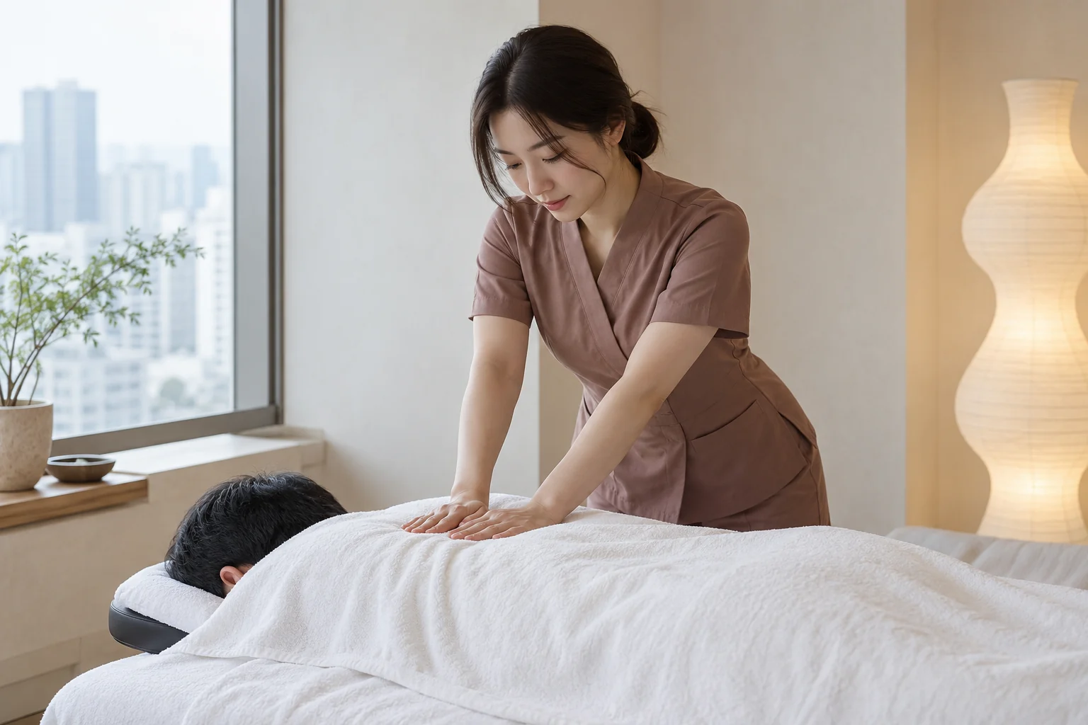 전문 관리사가 엎드린 성인 고객의 등과 어깨를 관리하는 모습