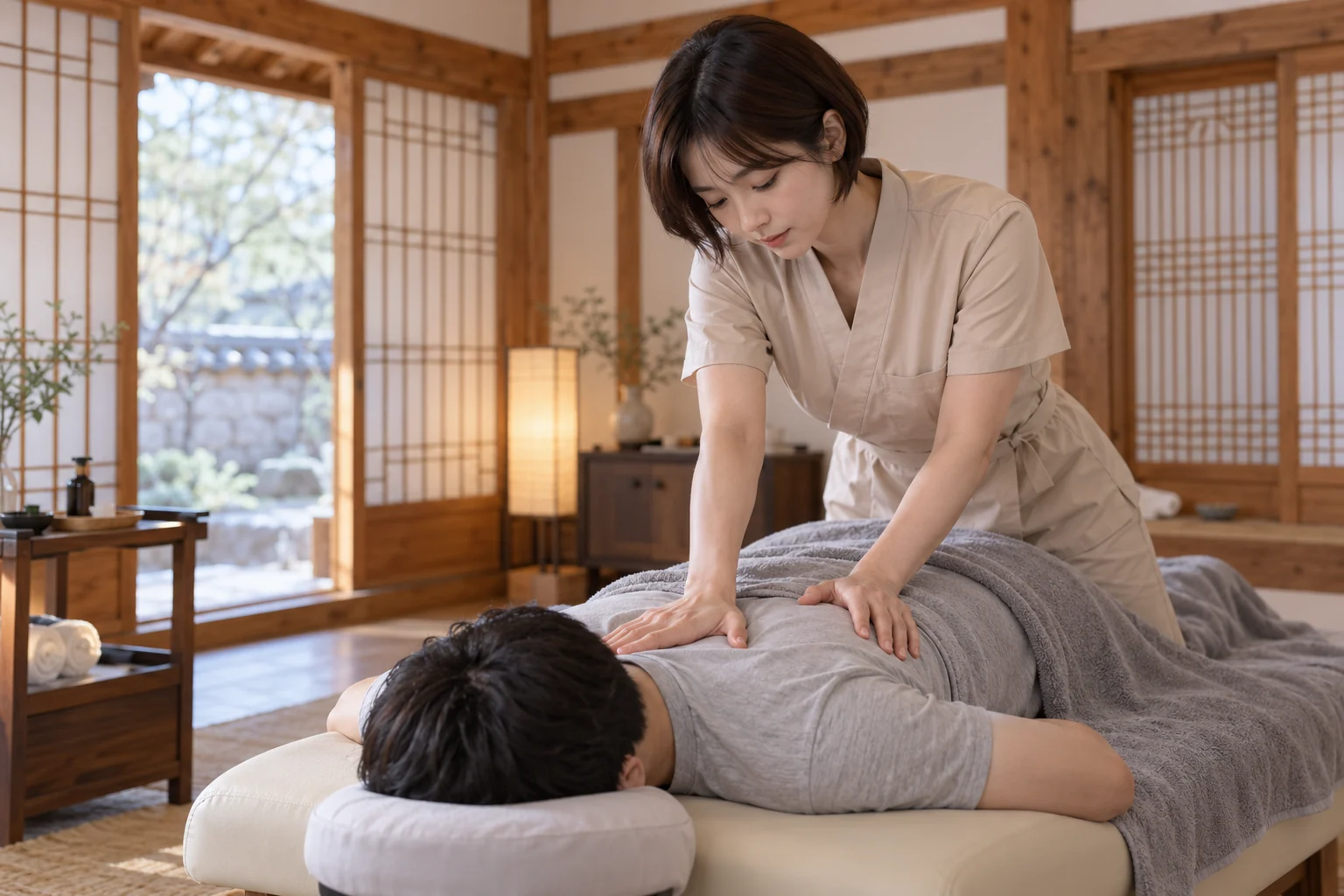 전문 관리사가 엎드린 성인 고객의 등과 어깨를 관리하는 모습