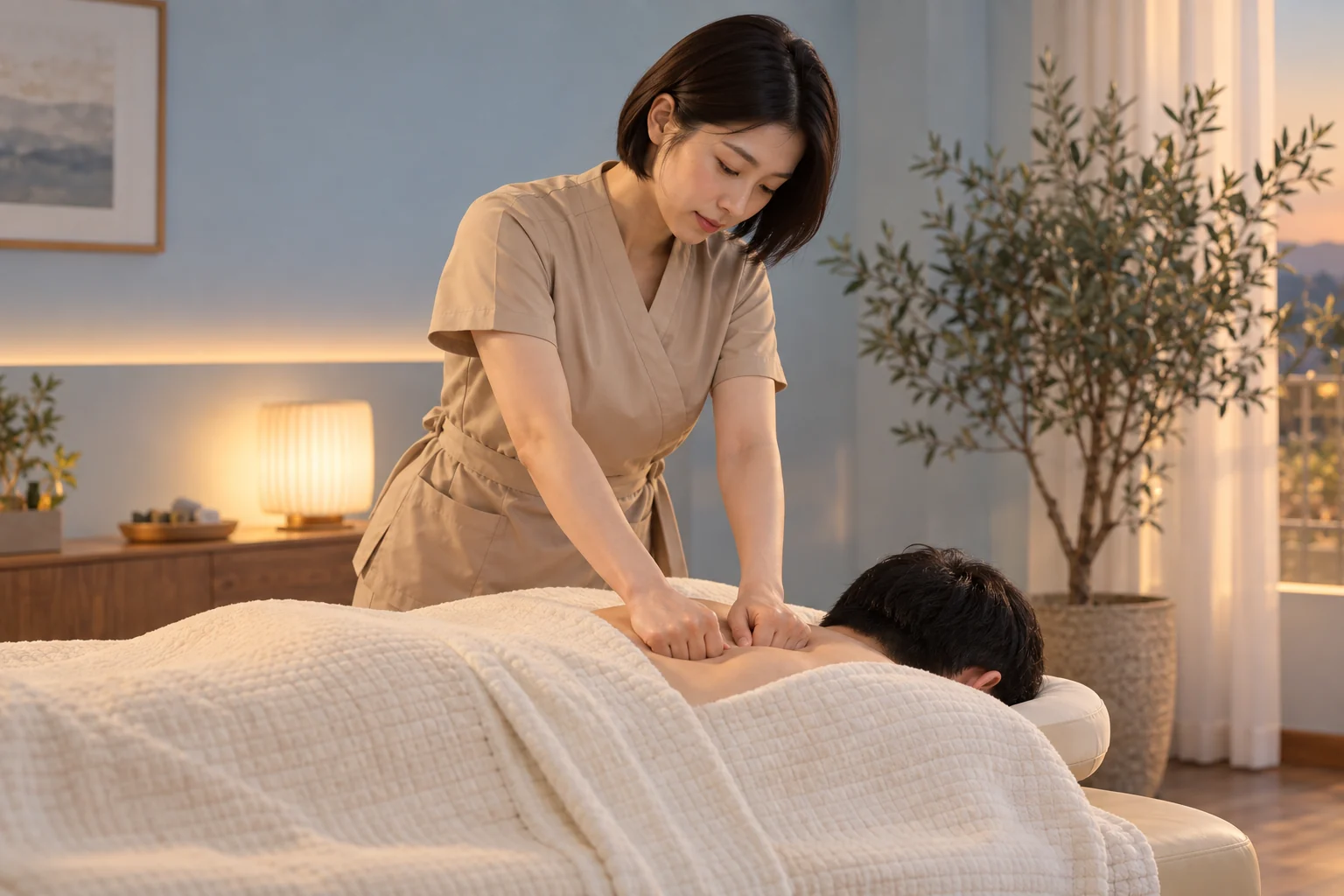 전문 관리사가 엎드린 성인 고객의 등과 어깨를 관리하는 모습