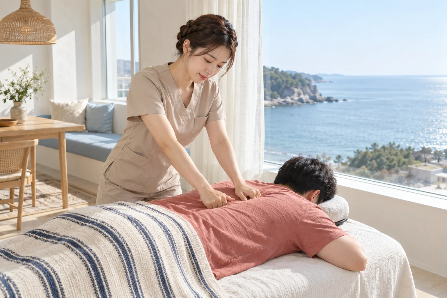 전문 관리사가 엎드린 성인 고객의 등과 어깨를 관리하는 모습