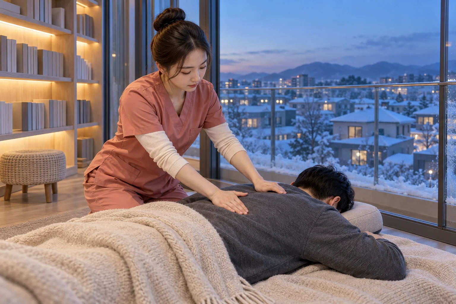 전문 관리사가 엎드린 성인 고객의 등과 어깨를 관리하는 모습