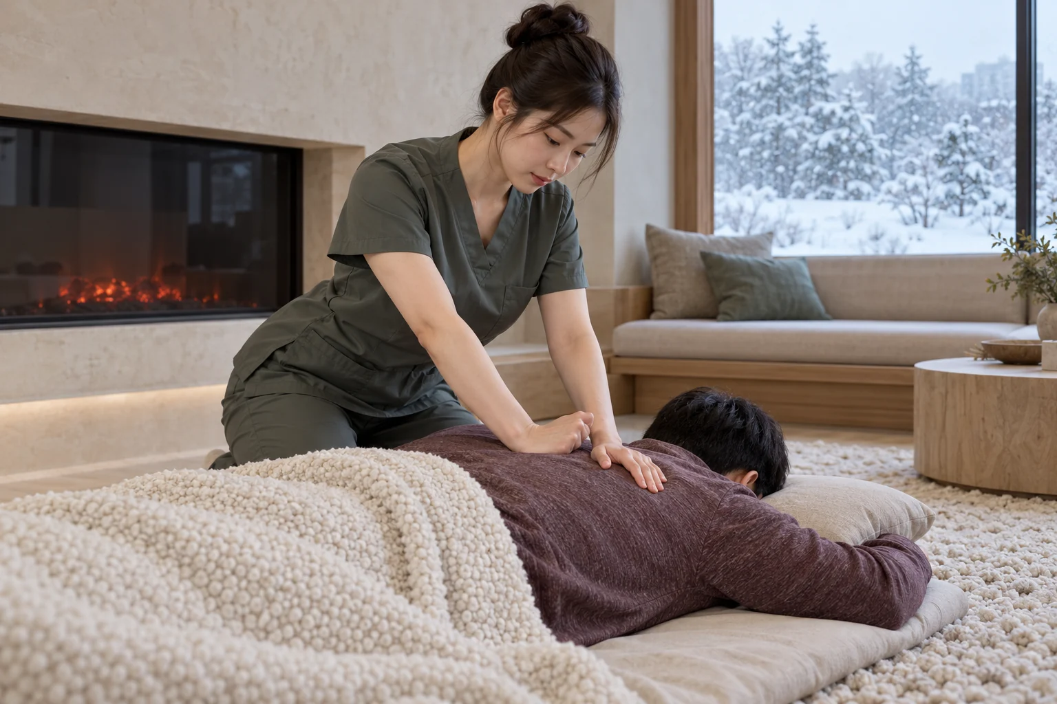 전문 관리사가 엎드린 성인 고객의 등과 어깨를 관리하는 모습