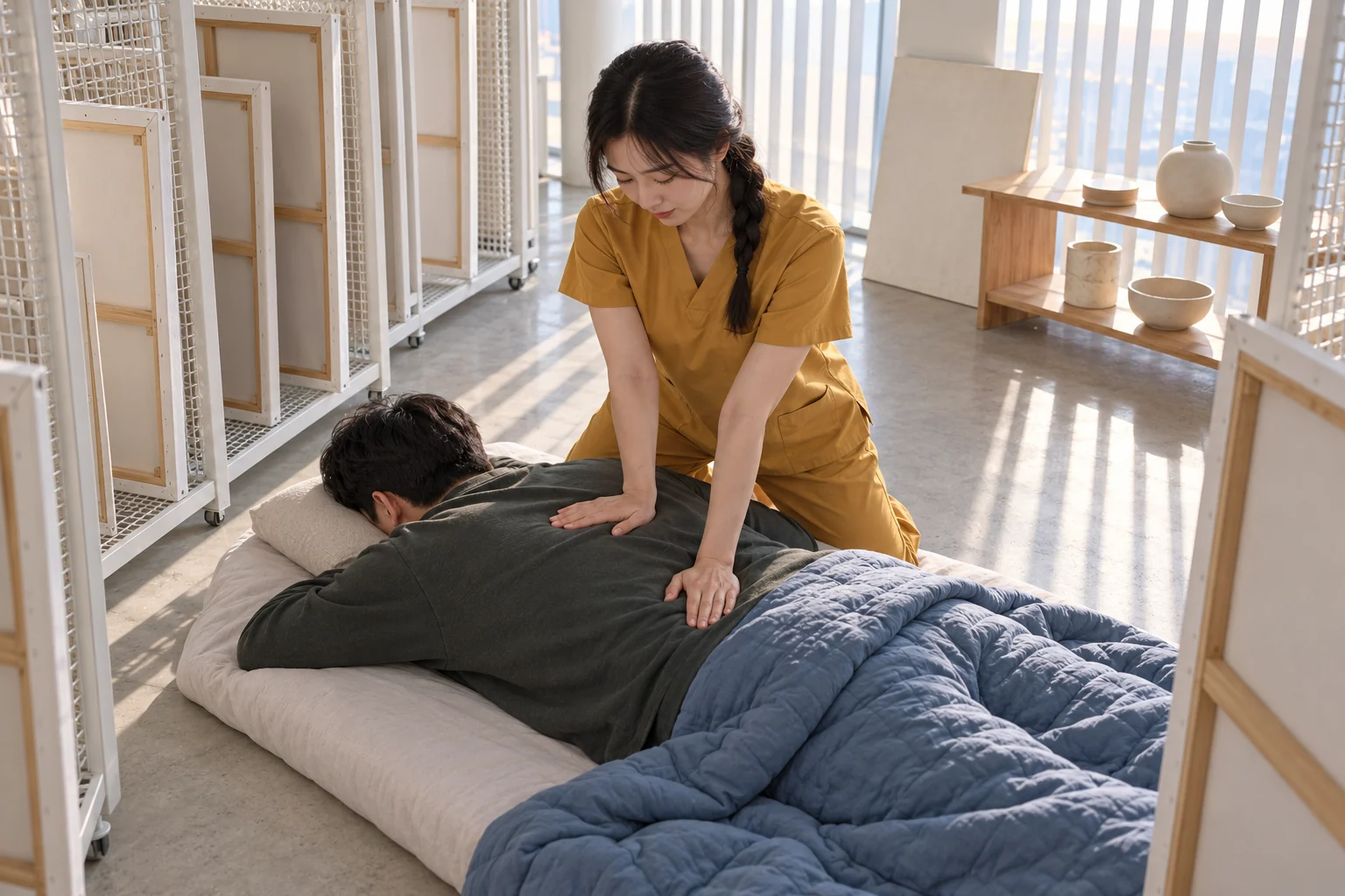 전문 관리사가 엎드린 성인 고객의 등과 어깨를 관리하는 모습